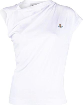 Vivienne Westwood Tops, Dames, Wit, M, Katoen, Witte Katoenen Asymmetrische Geborduurde Logo Top