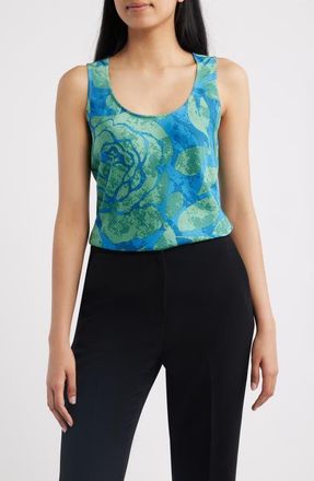 Tahari by ASL Print Hammered Satin Sleeveless Top in Green Blue at Nordstrom, Size X-Small