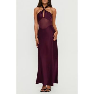 Princess Polly Rosario Sheer Panel Satin Halter Gown in Plum at Nordstrom, Size 10