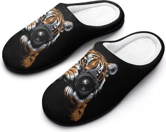 Generic Tiger Taking Photo Mens House Slippers Memory Foam Washable Cotton Slip on Home Shoes