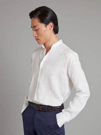 Oliver Brown Collarless Organic Linen Shirt - Crisp White