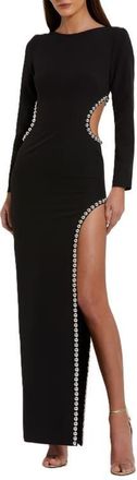 Mac Duggal Crepe Long Sleeve Gown With Beaded Cut Outs in Black at Nordstrom, Size 10