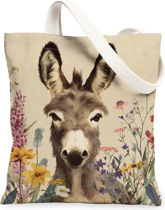 Generic Floral Animal Canvas Tote Bags, Vintage Donkey Design Lightweight Washable Reusable Grocery Bags for Summer Outdoor Travel, Beige, 13x15 Inch