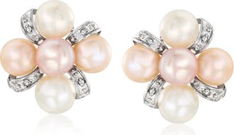 Ross-Simons 7-7.5mm Multicolored Cultured Pearl Earrings With Diamonds in Sterling Silver