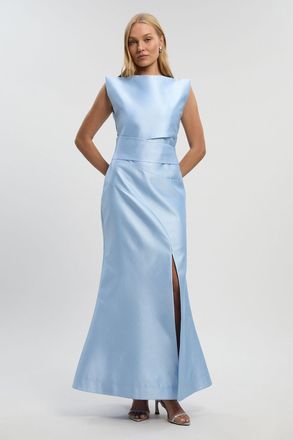 Karen Millen Womens Satin Twill Draped Waist Structured Tailored Maxi Dress - Pale Blue - Size 14 UK