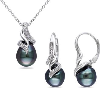 Delmar 9-9.5mm Black Tahitian Pearl & Diamond Pendant Necklace & Earrings Set at Nordstrom Rack