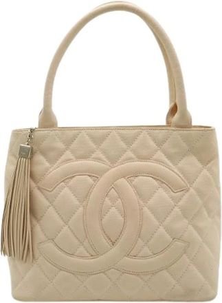 Chanel Pre-owned Matelasse Canvas Leather Tote Bag - Dames - Vintage Handtas - Beige - ONE Size - Leer - Vintage