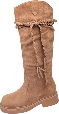 Generic Womens Knee High Boots Comfortable Ladies Long Booties Stylish Retro Solid Color Chunky Heel Pull On Long Boots for Women Fall Winter