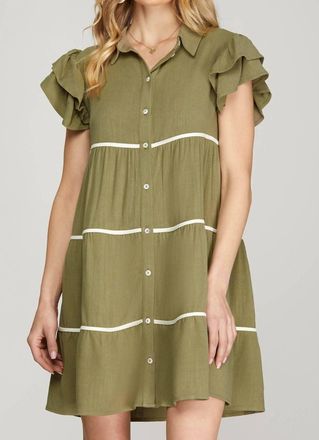 She + Sky Ruffle Sleeve Woven Tiered Button Down Dress In Olive