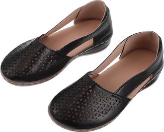 Yardwe Breathable Hollow Out Closed Toe Wedge Sandals for Women Low Heel Black Espadrilles Summer Shoes Stylish Pure Color Pumps with Foot Relief Design for 