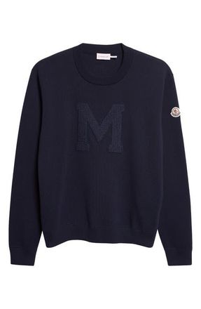 Moncler Chest Appliqu&eacute; Crewneck Cotton Blend Sweatshirt in Obsidian Blue at Nordstrom, Size Xx-Large