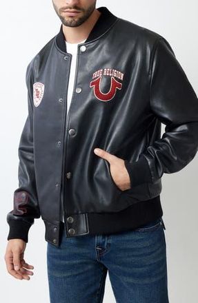 True Religion Faux Leather Varsity Jacket in Jet Black at Nordstrom Rack, Size X-Large