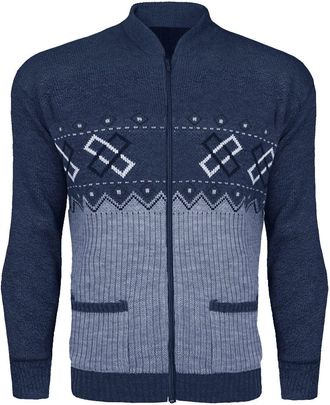 Generic MMK Mens Zip Up Long Sleeve Cardigan Argyle Knitwear Jumper - Adults Granddad Aztec Printed Two Front Pockets Winter Outdoor Sweater Top Plus Size S-X