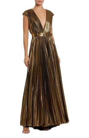 Mac Duggal Pleated Metallic Jersey Gown With Belt in Bronze at Nordstrom, Size 12
