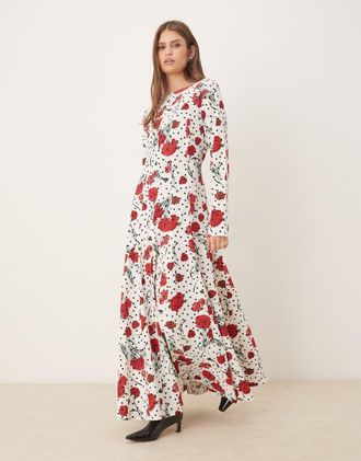 Asos Vestito lungo con scollo a barchetta e gonna a ruota a pois a fiori-Multicolore