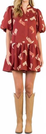 THML Clothing Puff Sleeve Boots Print Dress In Burgundy