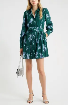 Chelsea28 Floral Lace Inset Belted Mini Shirtdress in Green- Blue Stacey Floral at Nordstrom, Size Xx-Small