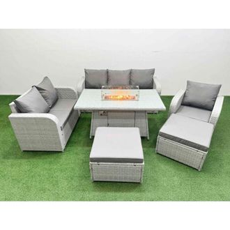 Fimous Fimous Patio PE Wicker 8 Seater Outdoor Rattan Furniture Sofa Sets with Firepit Dining Table Reclining Chair Loveseat Sofa 3 Seater Sofa Stool Light
