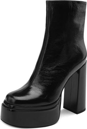 TinaCus Womens Round Toe Patent Leather Handmade High Chunky Heels with Platform Zip Up Ankle Boots, Black, 1.5 UK