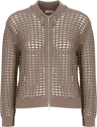 PESERICO Brown Perforated Sequin Zip Cardigan