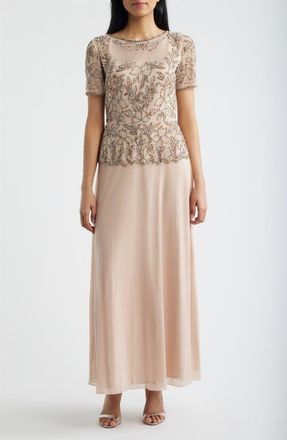 Pisarro Nights Short Sleeve Beaded Chiffon Gown in Blush at Nordstrom, Size 10