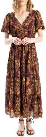Max Studio Short Sleeve V-Neck Maxi Dress in Wine/Copper Magnolia at Nordstrom Rack, Size X-Small