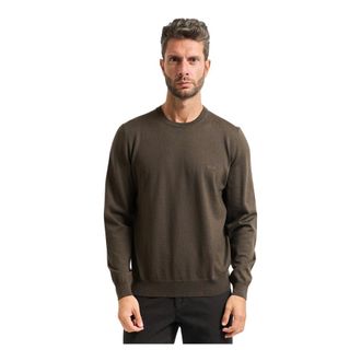 HUGO BOSS Round-neck Knitwear, male, Green, 3XL, Green Crew Neck Wool Jumper