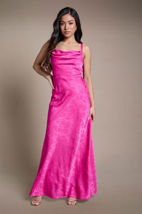 Oasis Womens Petite Bright Pink Double Strap Cowl Neck Satin Jacquard Bridesmaid Midi Dress - Light Pink - Size 12 UK