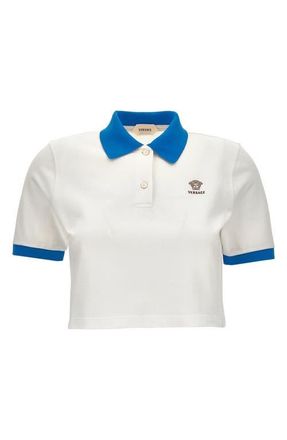Versace Gender Inclusive Embroidered Medusa Cotton Piqu&eacute; Crop Polo in White Azure Blue at Nordstrom, Size 6 Us