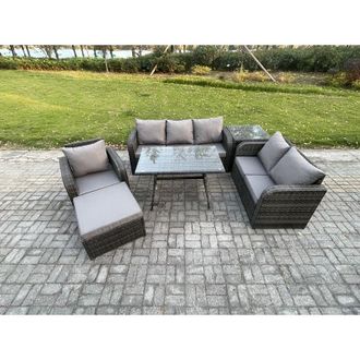 Fimous 7 Seater Outdoor Rattan Garden Furniture Set Patio Lounge Sofa Set with Dining Table Big Footstool Side Table Dark Grey Mixed - Fimous