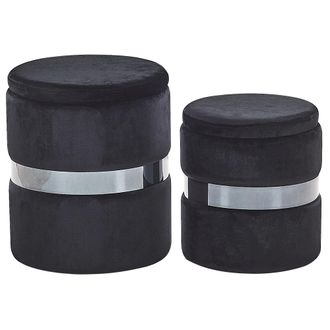 Beliani Beliani - Conjunto De 2 Pufs De Terciopelo Negro Plateado Almacenaje Reposapi&eacute;s Doris