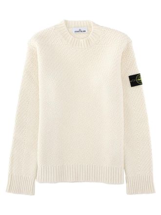 Stone Island Ivory Distinctive Sleeve Patch Virgin Wool Sweater
