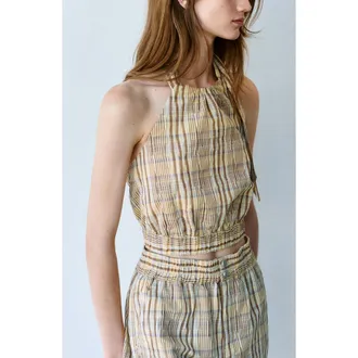 Mango Jollie Plaid Halter Top in Brown at Nordstrom, Size Medium