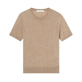 Brooks Brothers Relaxed Diamond Merino Short Sleeve Sweater - Dames - Ronde hals truien - Beige - L - Wol - Truien & Vesten