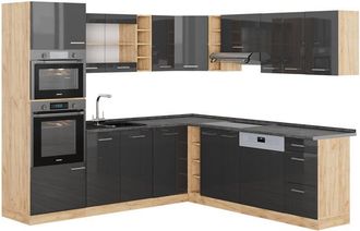 Vicco Cocina Esquinera R-line, Antracita Brillo Intenso/roble Dorado El&eacute;ctrico, 237 X 247 Cm, Et Antracita