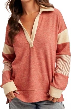 Hem & Thread Brushed Jersey Stripe Mix Color Block Pullover In Vintage Red