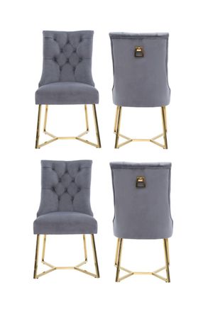 Life Interiors Set of 4 Ambra Modern Velvet Dining Chairs with Gold Legs, Ring Handle & Tufted Back in Grey