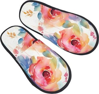 Generic Hotel Slippers Watercolor Flower Unisex Cotton Slippers Warm House Shoes For Winter Ladies Travel L