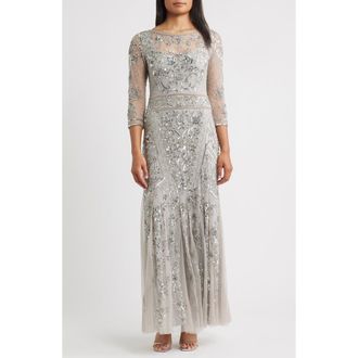 Pisarro Nights Beaded Chiffon Column Gown in Silver at Nordstrom Rack, Size 4