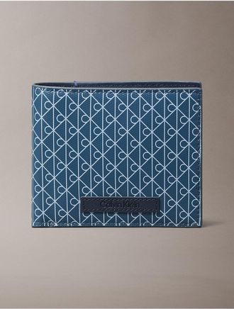Calvin Klein Mens Allover Emblem Logo Bifold Wallet with Coin Pouch - Blue