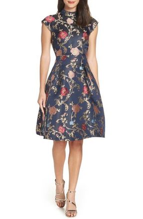 Chi Chi London Floral Print Party Dress in Navy at Nordstrom, Size 6