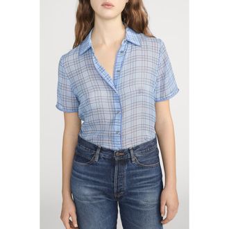 Frame Denim The Essential Plaid Silk Button-Up Shirt in Sky Blue Multi at Nordstrom, Size X-Small