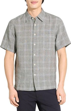 Theory Irving Plaid Short Sleeve Linen Button-Up Shirt in Pine Grove Multi - 2Rn at Nordstrom, Size Xx-Large