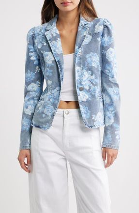 Tractr Floral Puff Sleeve Denim Jacket in Indigo at Nordstrom, Size X-Large