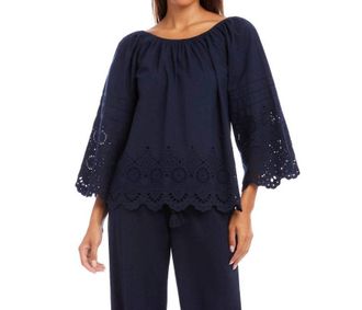 Karen Kane Flare Sleeve Embroidered Scallop Edge Peasant Top In Navy