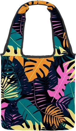 Generic Tropical Leaves Pattern Reversible Canvas Shoulder Tote - Double-Sided Print, 12oz Cotton, 27cm Drop, Fold-Flat Bag for Travel, Shopping, Street Outin