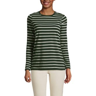 Lands End Supima Cotton Long Sleeve Crewneck T-Shirt in Fresh Evergreen Breton Stripe at Nordstrom, Size X-Large