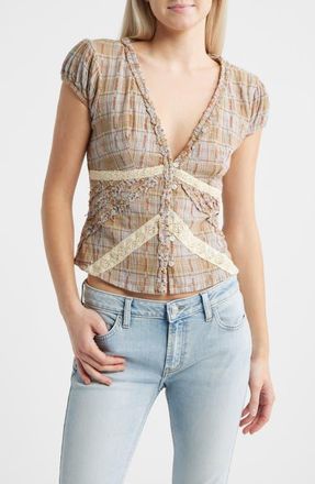 BDG Robyn Plaid Ruffle & Lace Trim Button-Up Top in Brown at Nordstrom, Size X-Small