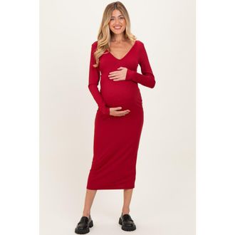 Pinkblush V-Neck Long Sleeve Fitted Maxi Dress in Deep Red at Nordstrom, Size Medium