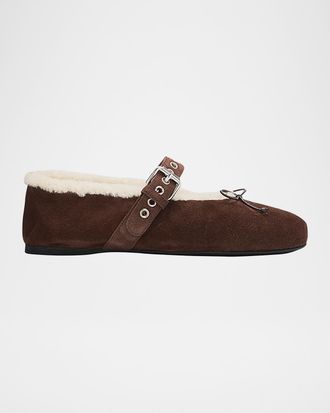 Miu Miu Shearling-Lined Suede Mary Jane Ballerina Flats